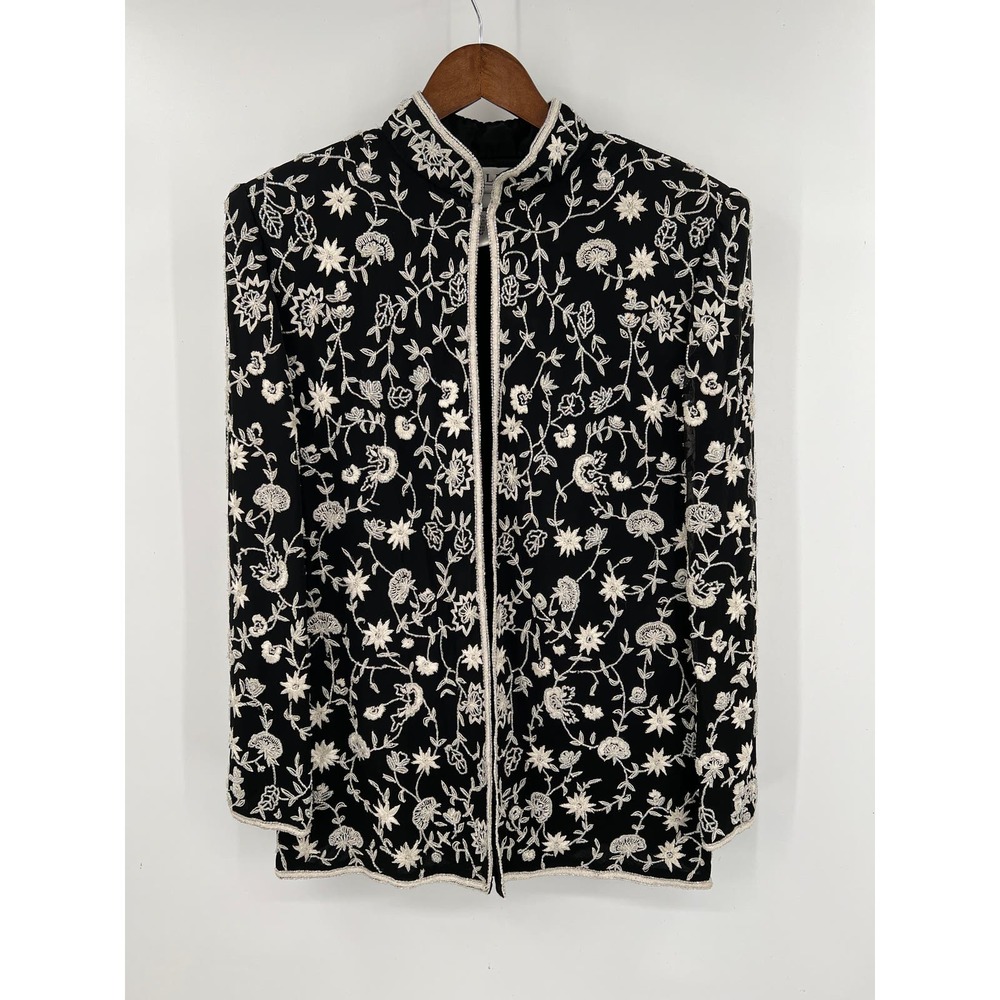 Vintage Niteline 100% silk black and white floral beaded blazer jacket coat sz M
